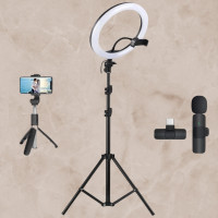 Набір блогера 4в1 Кільцева LED лампа 39 см Штатив Петличний мікрофон Селфи палиця Bluetooth пульт фото відео
