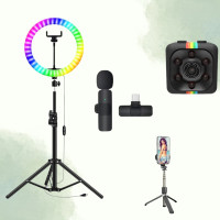 Набір блогера 5в1 Кільцева RGB LED лампа 45см Штатив 2м Селфи-трипод Bluetooth Петличний мікрофон екшн камера