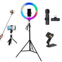 Набір блогера 5в1 Світлодіодна кільцева лампа RGB 3D 26см Штатив Екш камера Блютус трипод Петличний мікрофон
