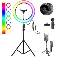 Набор блогера 5в1 Светодиодная кольцевая RGB лампа 3D 36см Штатив 2м Селфи палка Петличный микрофон мини камера