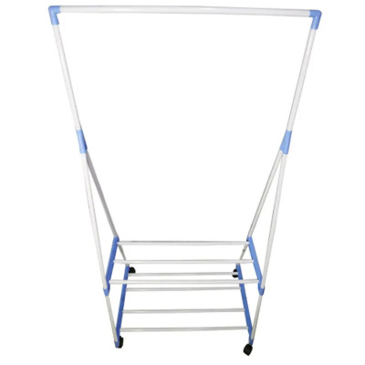 Вішалка підлогова Clothes Rack пересувна двоярусна з полицями стійка для одягу та взуття на коліщатках