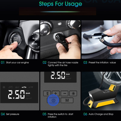 Компресор автомобільний від прикурювача Air Pump c1809-1 насос для підкачки шин з ліхтарем і дисплеєм