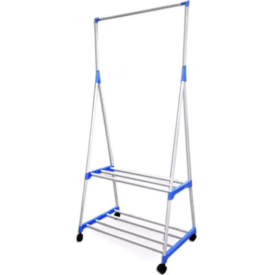 Вішалка підлогова Clothes Rack пересувна двоярусна з полицями стійка для одягу та взуття на коліщатках