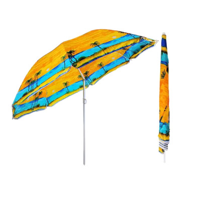 Зонт пляжный садовый синий с узором и защитой от UV лучей с наклонным механизмом чехлом и подставкой 1,8 м
