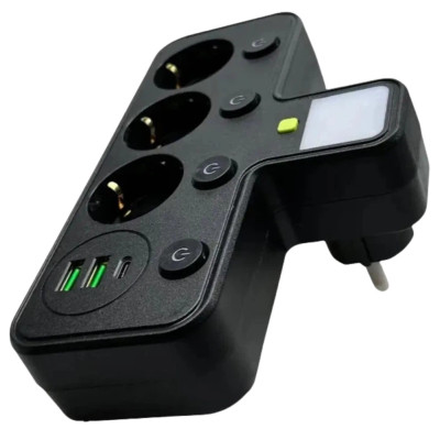 Мережевий фільтр розгалужувач трійник 3 євророзетки 2-USB 1-Type-C Розетка трійник з вимикачем та ліхтариком Розгалужувач у розетк