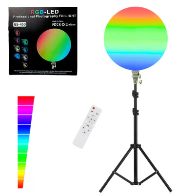 Світлодіодна кругла лампа RGB-LED Fill Light GS-450 кольорова 45см з пультом та штативом 2м для студійної зйомки Світлодіодна кругла лампа RGB-LED Fill Light GS-450 кольорова 45см з пультом та штативом 2м для студійної зйомки