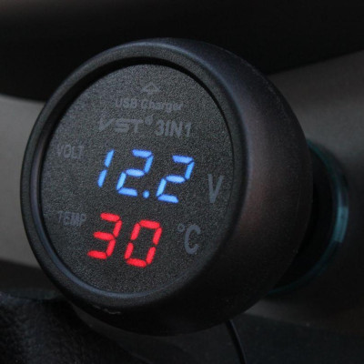 Автомобильные часы в прикуриватель VST 706-5 Авто термометр вольтметр 3в1 с синей подсветкой USB
