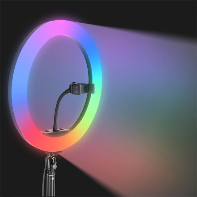 Світлодіодна кільцева RGB LED лампа різнобарвна 38 см MJ38 Набір блогера селфи кільце зі штативом
