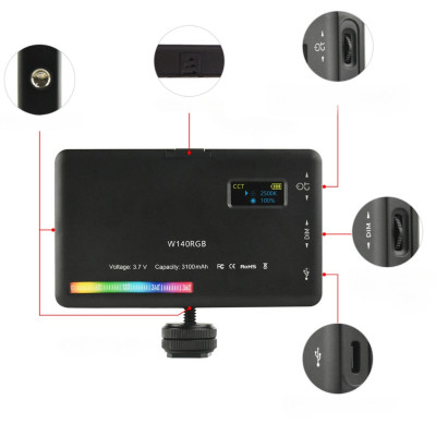 Бездротове накамерне відеосвітло W140RGB акумуляторна міні лампа LED портативна для фото і відео