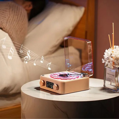 Нічник з годинником у вигляді вінілового програвача рожевий Бездротова Bluetooth колонка з підсвічуванням проектор