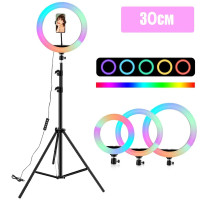 Светодиодная кольцевая цветная RGB лампа LED MJ32 Набор блогера селфи кольцо со штативом Мультиколор 30 см