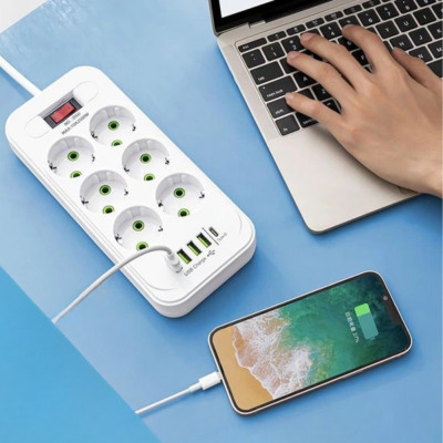 Подовжувач з вимикачем на 6 розеток 4 USB 1 Type-C Мережевий фільтр подовжувач 3м