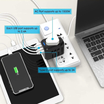 Універсальний мережевий USB адаптер для подорожей та дому Travel Adapter перехідник для розеток Чорний