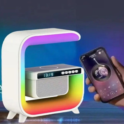 Нічник акумуляторний з бездротовим заряджанням годинником 15W G 3 RGB світильник колонка радіо