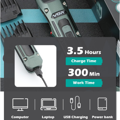 Акумуляторна машинка для стрижки волосся VGR V696 портативна з usb зарядкою 4 насадками та підставкою