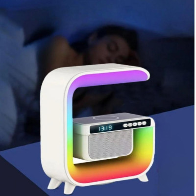 Нічник акумуляторний з бездротовим заряджанням годинником 15W G 3 RGB світильник колонка радіо