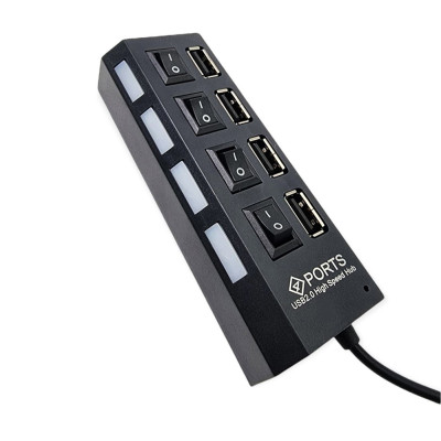 USB хаб розгалужувач на 4 порти з перемикачами на кожен порт концентратор адаптер чорний живлення USB 2.0