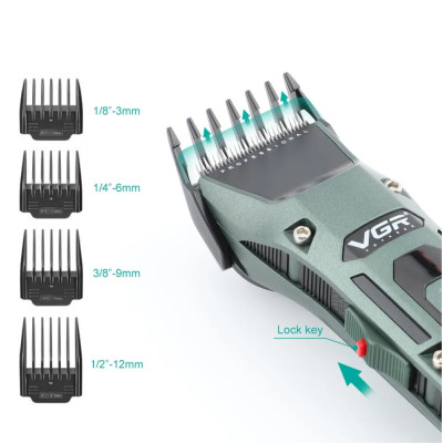 Акумуляторна машинка для стрижки волосся VGR V696 портативна з usb зарядкою 4 насадками та підставкою