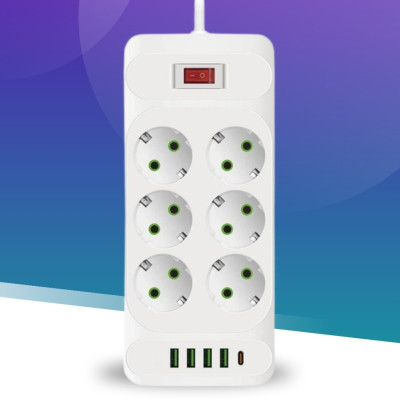 Подовжувач з вимикачем на 6 розеток 4 USB 1 Type-C Мережевий фільтр подовжувач 3м