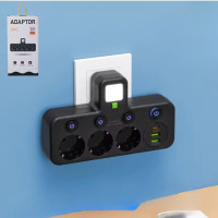 Мережевий фільтр розгалужувач трійник 3 євророзетки 2-USB 1-Type-C Розетка трійник з вимикачем та ліхтариком Розгалужувач у розетк