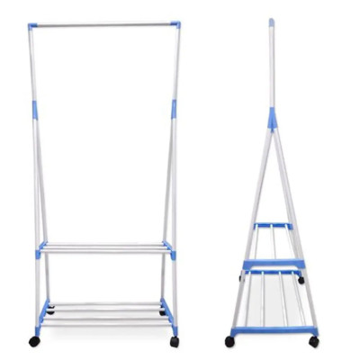 Вішалка підлогова Clothes Rack пересувна двоярусна з полицями стійка для одягу та взуття на коліщатках