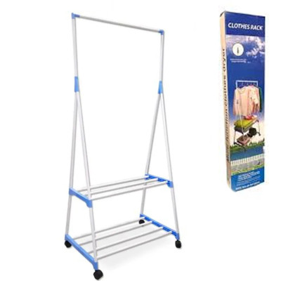 Вішалка підлогова Clothes Rack пересувна двоярусна з полицями стійка для одягу та взуття на коліщатках Вішалка підлогова Clothes Rack пересувна двоярусна з полицями стійка для одягу та взуття на коліщатках