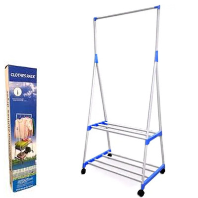 Вішалка підлогова Clothes Rack пересувна двоярусна з полицями стійка для одягу та взуття на коліщатках