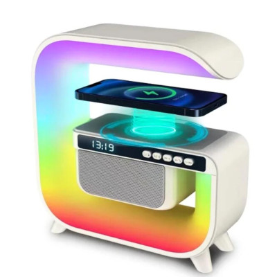 Нічник акумуляторний з бездротовим заряджанням годинником 15W G 3 RGB світильник колонка радіо