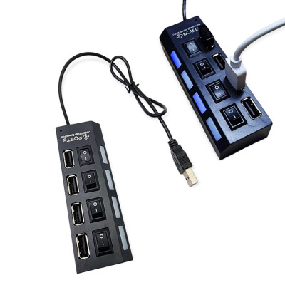 USB хаб розгалужувач на 4 порти з перемикачами на кожен порт концентратор адаптер чорний живлення USB 2.0