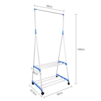 Вішалка підлогова Clothes Rack пересувна двоярусна з полицями стійка для одягу та взуття на коліщатках