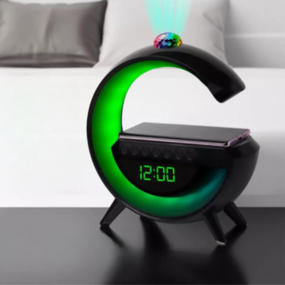 Нічник акумуляторний з бездротовою зарядкою годинником 7RGB лампа BT3402 колонка Bluetooth проектор та радіо 15W