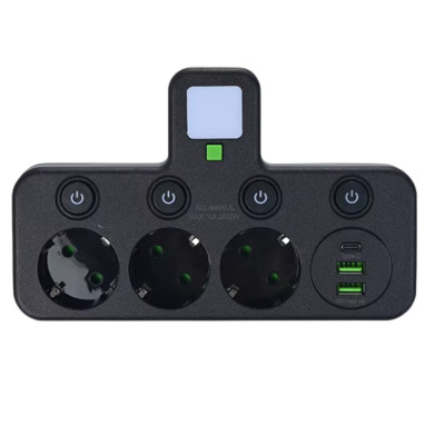 Мережевий фільтр розгалужувач трійник 3 євророзетки 2-USB 1-Type-C Розетка трійник з вимикачем та ліхтариком Розгалужувач у розетк