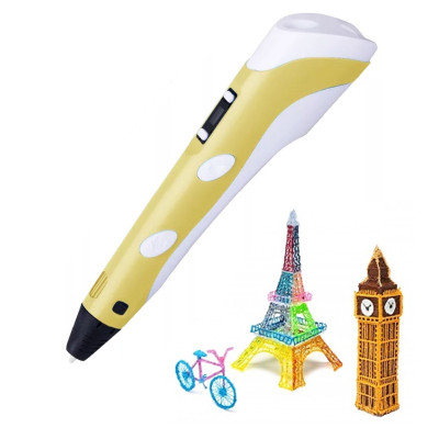3D Ручка для дітей 3Д ручка 3 покоління з дисплеєм LCD Pen 3 жовта Набір з Еко Пластиком та трафаретом