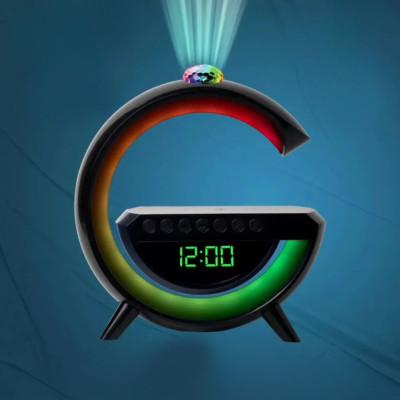 Нічник акумуляторний з бездротовою зарядкою годинником 7RGB лампа BT3402 колонка Bluetooth проектор та радіо 15W
