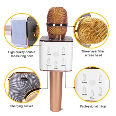 Мікрофон караоке для дітей бездротовий Q7 Рожевий Rose USB Bluetooth з чохлом Іграшка мікрофон з динаміком
