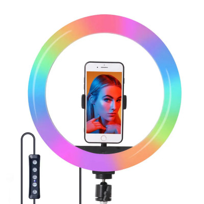 Світлодіодна кільцева RGB LED лампа різнобарвна 38 см MJ38 Набір блогера селфи кільце зі штативом