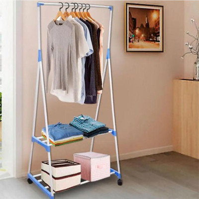 Вішалка підлогова Clothes Rack пересувна двоярусна з полицями стійка для одягу та взуття на коліщатках