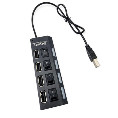 USB хаб розгалужувач на 4 порти з перемикачами на кожен порт концентратор адаптер чорний живлення USB 2.0