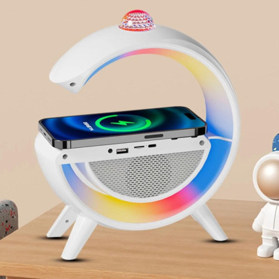 Нічник акумуляторний з бездротовою зарядкою годинником 7RGB лампа BT3402 колонка Bluetooth проектор та радіо 15W