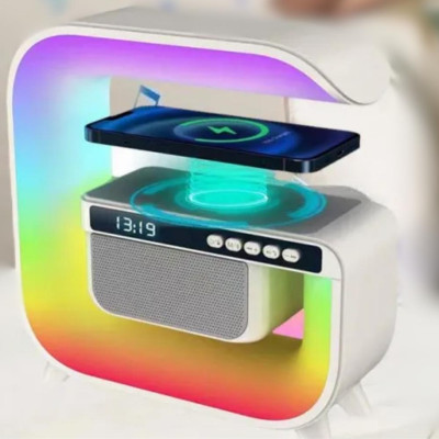 Нічник акумуляторний з бездротовим заряджанням годинником 15W G 3 RGB світильник колонка радіо