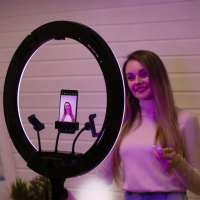 Кільцева світлодіодна RGB лампа з пультом MJ56 портативне кольорове відеосвітло для фото відео блогерів