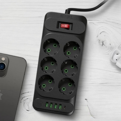 Подовжувач з вимикачем на 6 розеток 4 USB 1 Type-C Мережевий фільтр подовжувач 3м