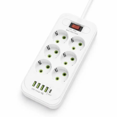 Подовжувач з вимикачем на 6 розеток 4 USB 1 Type-C Мережевий фільтр подовжувач 3м