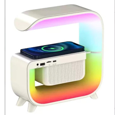 Нічник акумуляторний з бездротовим заряджанням годинником 15W G 3 RGB світильник колонка радіо