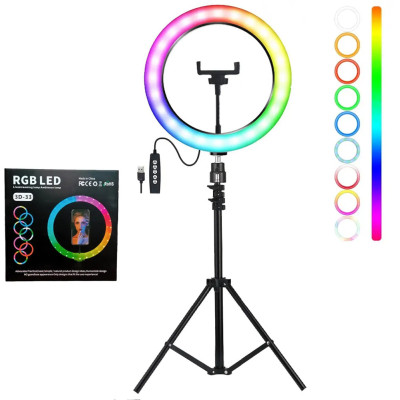 Світлодіодна кільцева лампа RGB 3D 33 см зі штативом 2 м кольорова двостороння LED Селфі кільце від USB